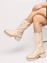 Cream Genuine Leather Chunky Block Heel Round Toe Mid-Calf Harness Boot (TC-MONDO8662-CRM)