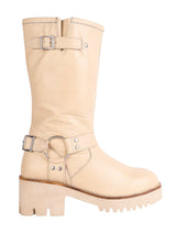 Cream Genuine Leather Chunky Block Heel Round Toe Mid-Calf Harness Boot (TC-MONDO8662-CRM)
