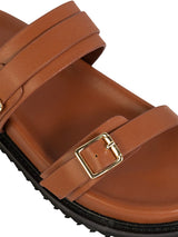 Tan Synthetic Leather Double Strap Buckle Slip-On Flats (TC-OS-0309-TAN)