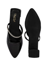 Black Synthetic Leather Pointed Toe Embellished Block Mules (TC-OS-0314-BLK)