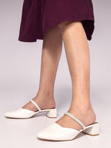 Cream Synthetic Leather Pointed Toe Embellished Block Mules (TC-OS-0314-CRM)