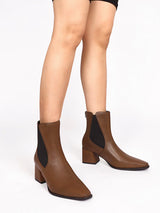 Brown Synthetic Leather Chelsea Solid Block Heel Ankle Boots (TC-OS-0318-BRO)