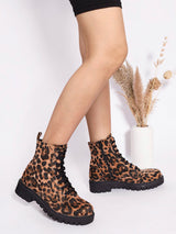 Black Hairy Leopard Lace-Up Front & Side Zipper Block Heel Ankle Boot (TC-OS-0320-BLKLEO)