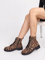 Black Hairy Leopard Lace-Up Front & Side Zipper Block Heel Ankle Boot (TC-OS-0320-BLKLEO)