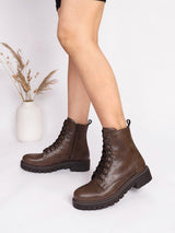 Brown Synthetic Leather Lace-Up Front & Side Zipper Block Heel Ankle Boot (TC-OS-0320-BRO)