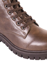 Brown Synthetic Leather Lace-Up Front & Side Zipper Block Heel Ankle Boot (TC-OS-0320-BRO)