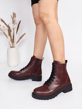 Burgundy Synthetic Leather Lace-Up Front & Side Zipper Block Heel Ankle Boot (TC-OS-0320-BUR)