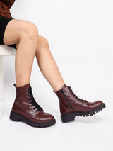 Burgundy Synthetic Leather Lace-Up Front & Side Zipper Block Heel Ankle Boot (TC-OS-0320-BUR)