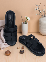 Black Synthetic Leather Velcro Slider Flats For Men (TC-OS-301MEN-BLK)