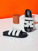 White Synthetic Leather Velcro Slider Flats For Men (TC-OS-301MEN-WHT)