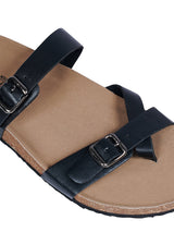 Black Synthetic Leather Cork-Latex Footbed Flats For Men (TC-OS-307MEN-BLK)