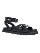 Black Synthetic Leather Cross Strap Buckle Flat Sandals (TC-OS305-BLK)
