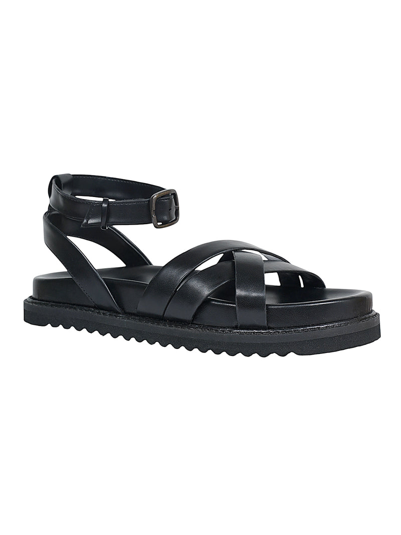 Black Synthetic Leather Cross Strap Buckle Flat Sandals (TC-OS305-BLK)