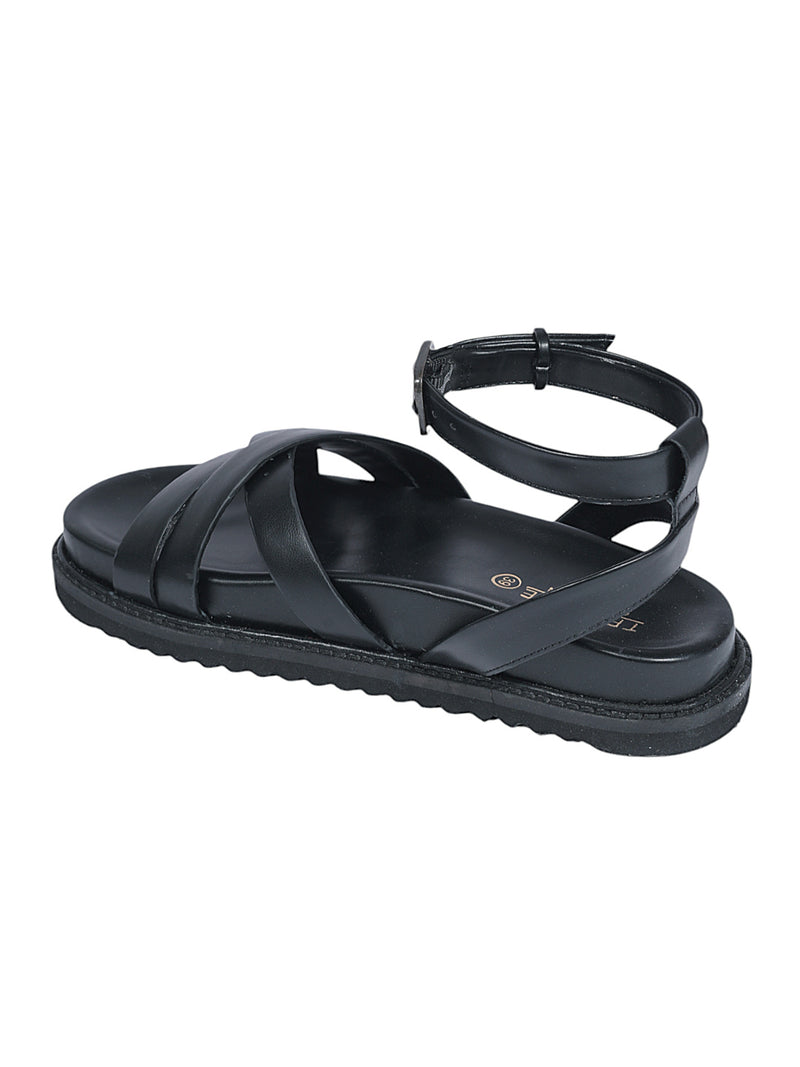 Black Synthetic Leather Cross Strap Buckle Flat Sandals (TC-OS305-BLK)