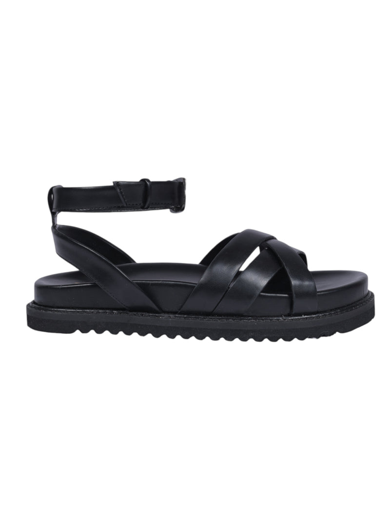 Black Synthetic Leather Cross Strap Buckle Flat Sandals (TC-OS305-BLK)