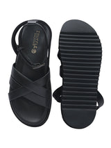 Black Synthetic Leather Cross Strap Buckle Flat Sandals (TC-OS305-BLK)