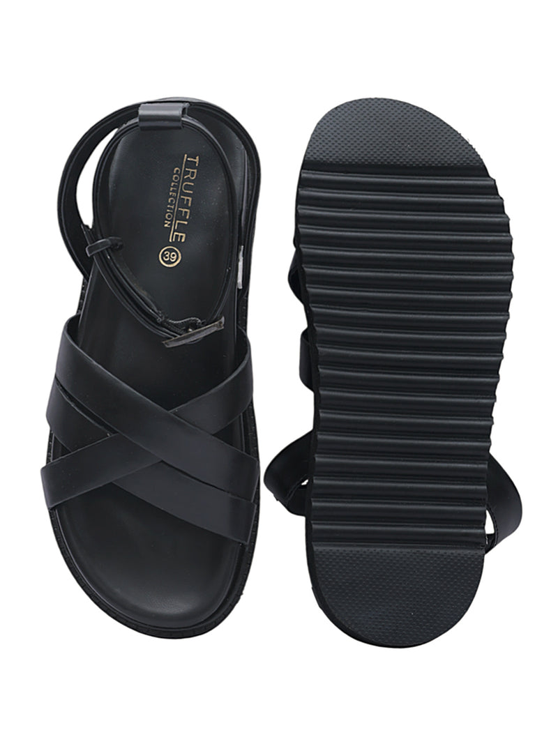 Black Synthetic Leather Cross Strap Buckle Flat Sandals (TC-OS305-BLK)