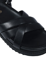 Black Synthetic Leather Cross Strap Buckle Flat Sandals (TC-OS305-BLK)