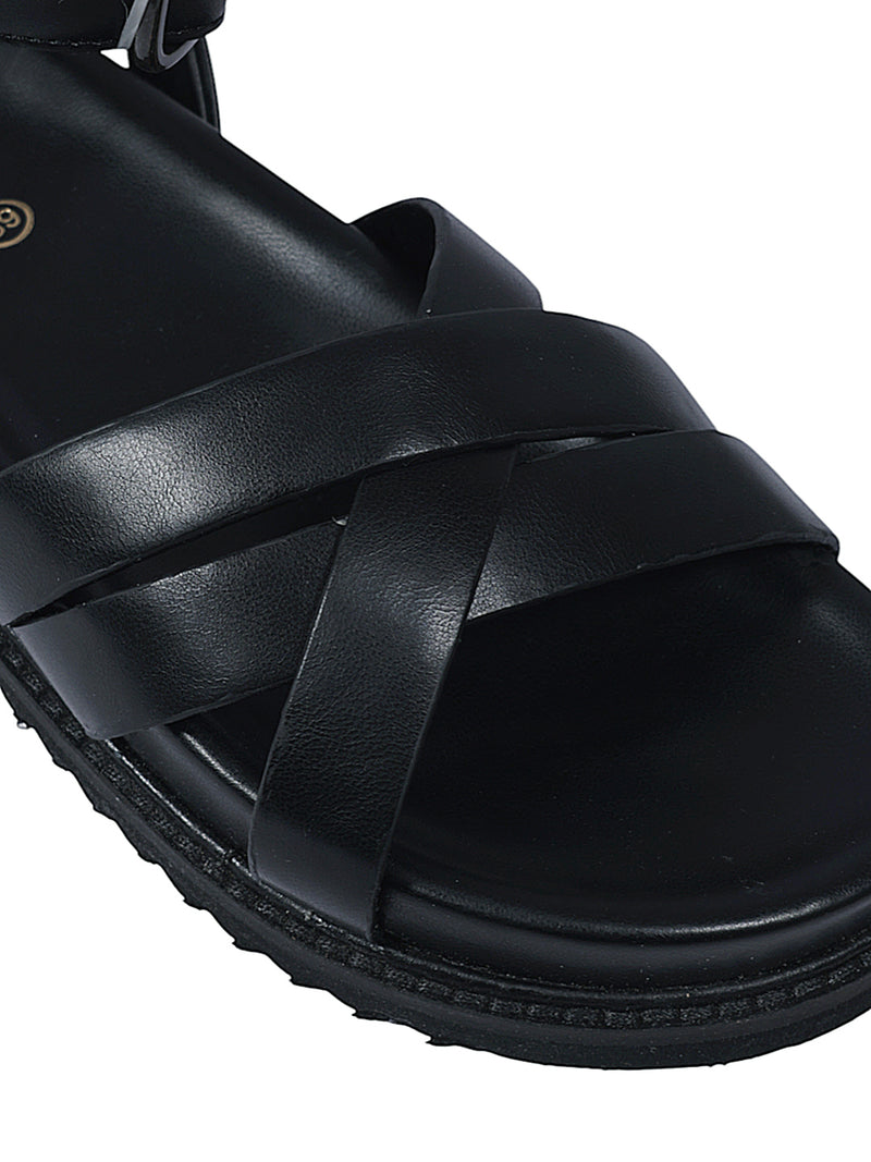 Black Synthetic Leather Cross Strap Buckle Flat Sandals (TC-OS305-BLK)