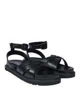 Black Synthetic Leather Cross Strap Buckle Flat Sandals (TC-OS305-BLK)