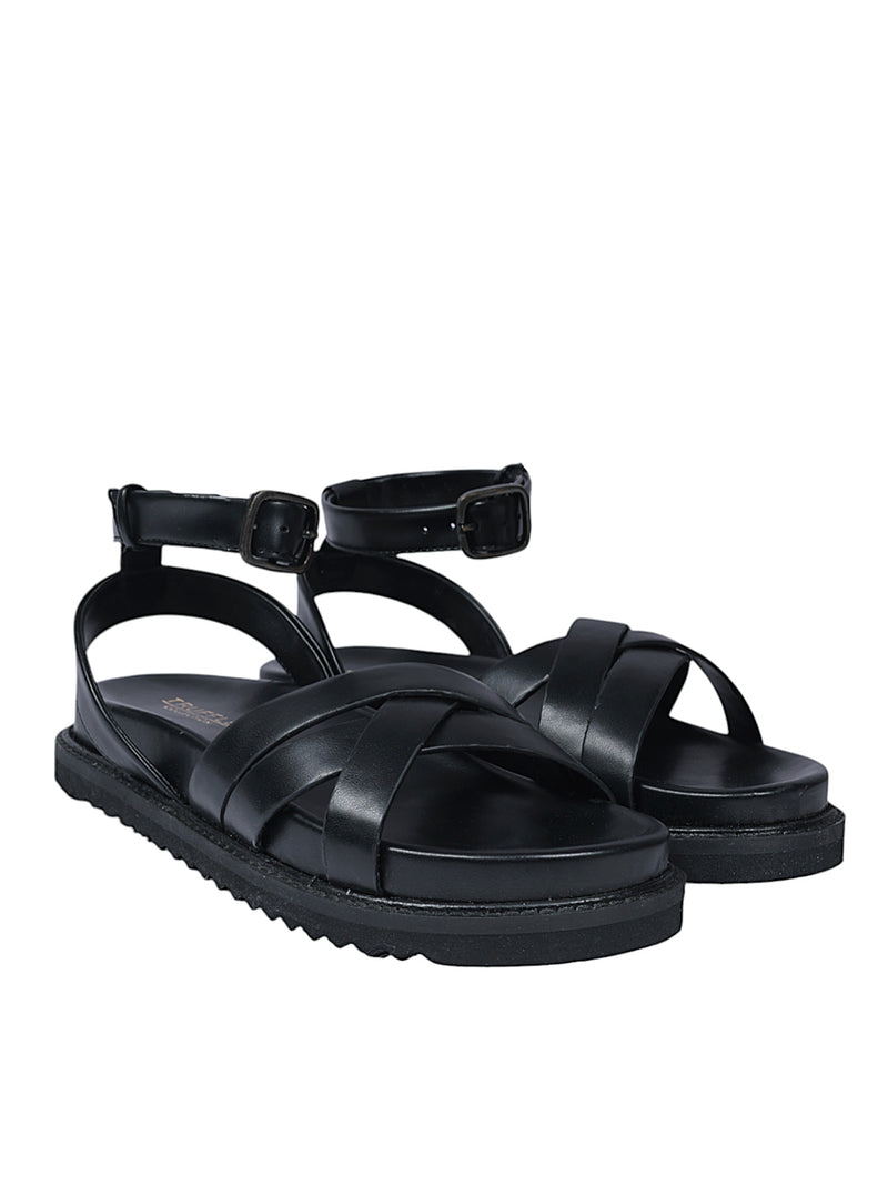 Black Synthetic Leather Cross Strap Buckle Flat Sandals (TC-OS305-BLK)