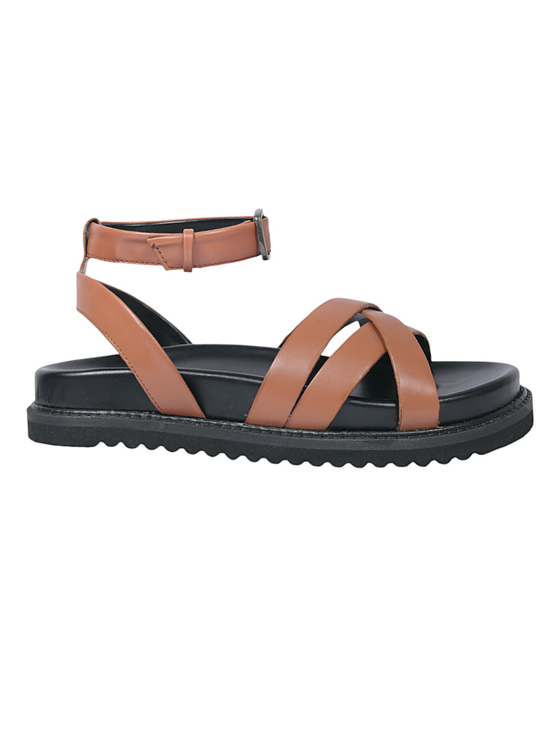 Tan Synthetic Leather Cross Strap Buckle Flat Sandals (TC-OS305-TAN)