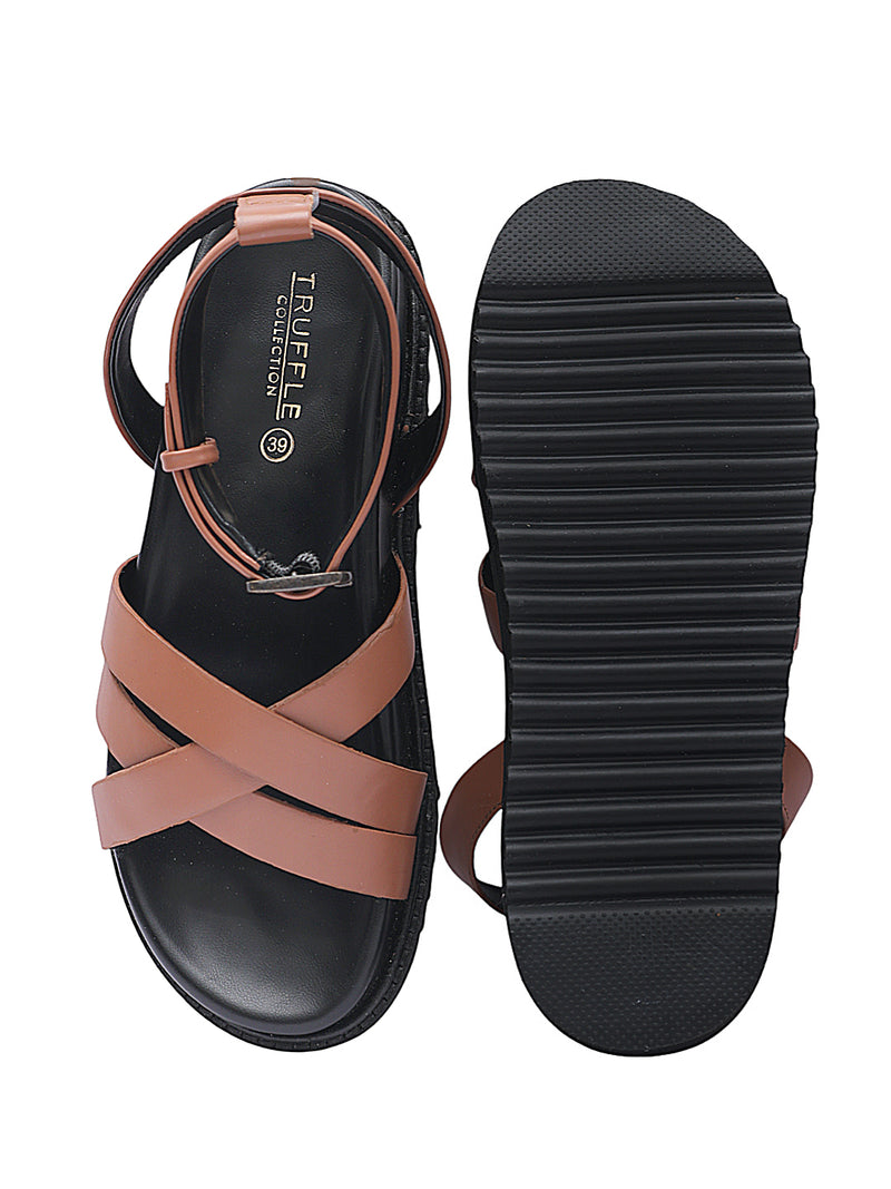 Tan Synthetic Leather Cross Strap Buckle Flat Sandals (TC-OS305-TAN)