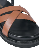 Tan Synthetic Leather Cross Strap Buckle Flat Sandals (TC-OS305-TAN)
