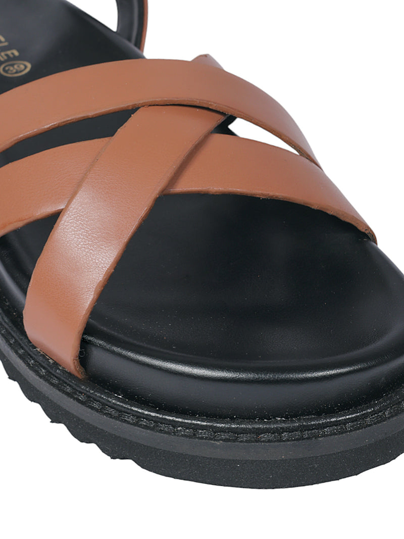 Tan Synthetic Leather Cross Strap Buckle Flat Sandals (TC-OS305-TAN)