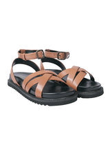 Tan Synthetic Leather Cross Strap Buckle Flat Sandals (TC-OS305-TAN)