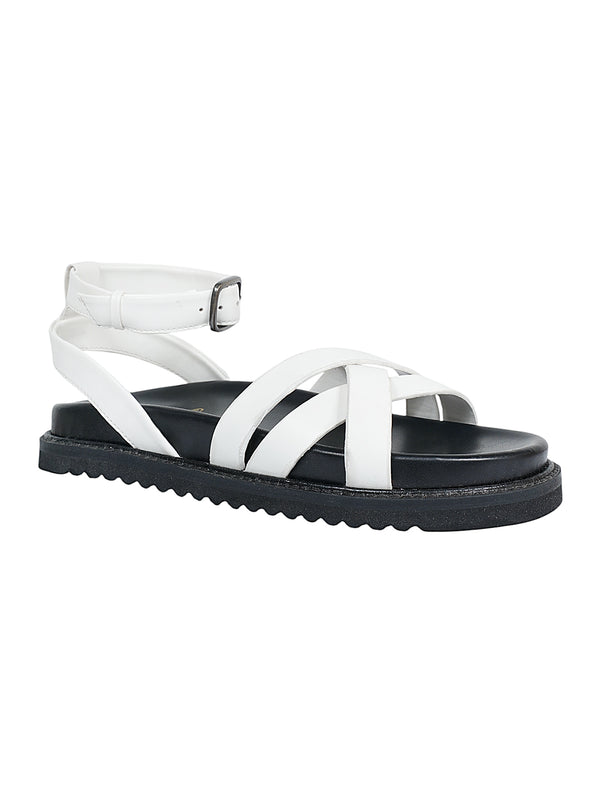 White Synthetic Leather Cross Strap Buckle Flat Sandals (TC-OS305-WHT)