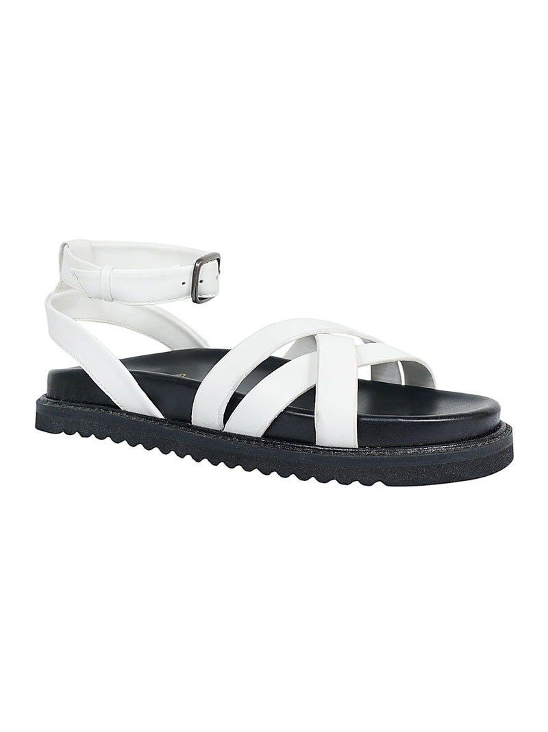 White Synthetic Leather Cross Strap Buckle Flat Sandals (TC-OS305-WHT)
