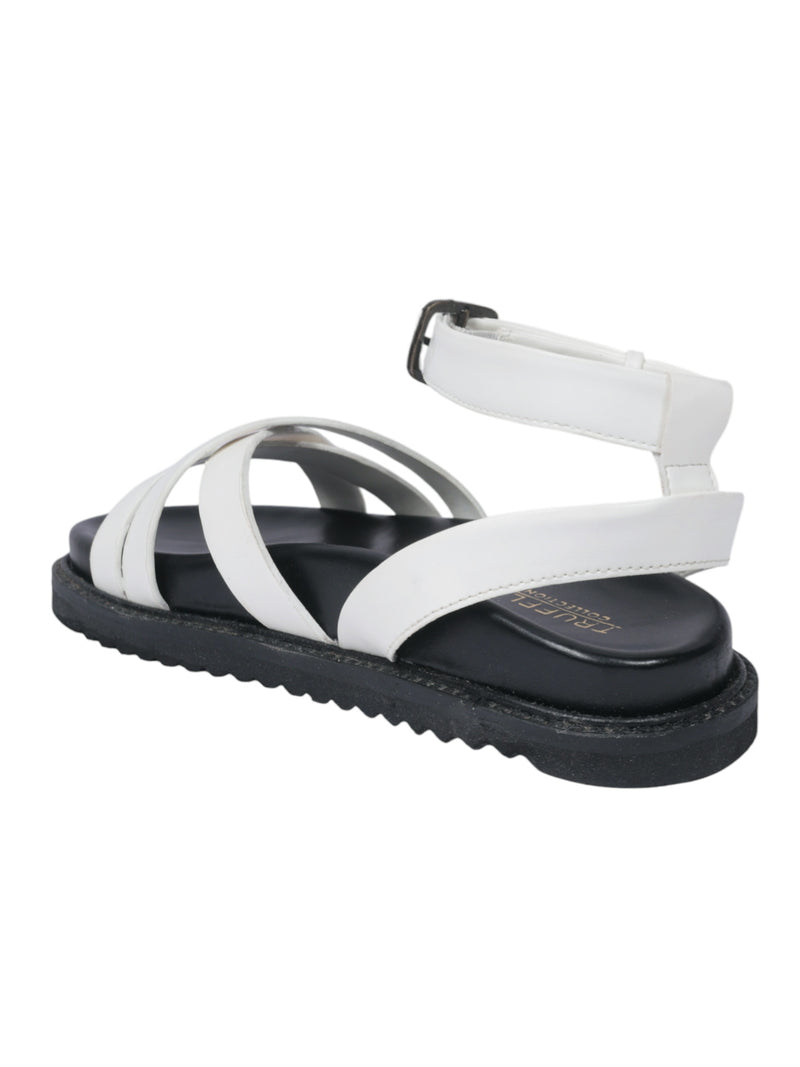 White Synthetic Leather Cross Strap Buckle Flat Sandals (TC-OS305-WHT)