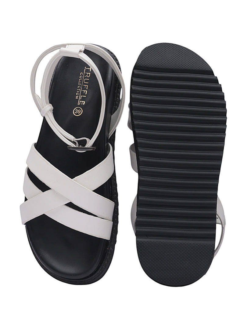 White Synthetic Leather Cross Strap Buckle Flat Sandals (TC-OS305-WHT)