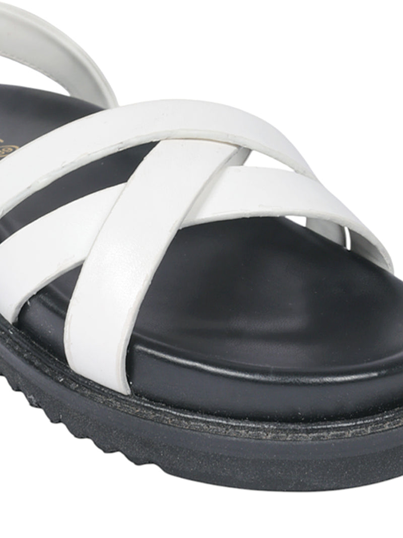 White Synthetic Leather Cross Strap Buckle Flat Sandals (TC-OS305-WHT)