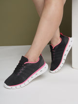 Black Pink Mesh Lace-Up Flat Sneakers (TC-RS2082-BLKPNK)