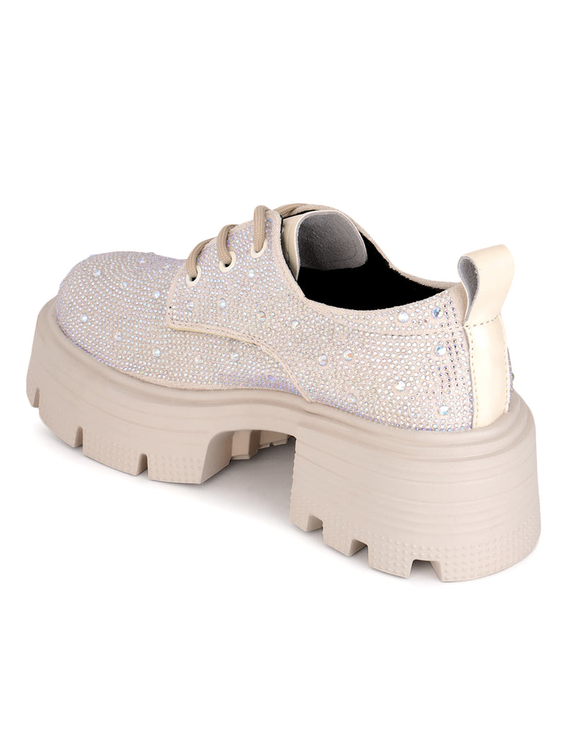 Beige Diamante Embellished Lace-Up Sneakers (TC-RS3640-BEIG)