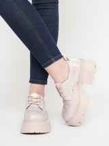 Beige Diamante Embellished Lace-Up Sneakers (TC-RS3640-BEIG)