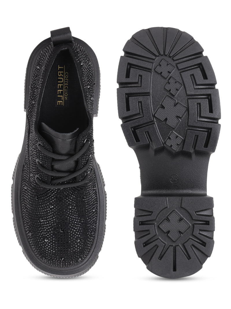 Black Diamante Embellished Lace-Up Sneakers (TC-RS3640-BLK)