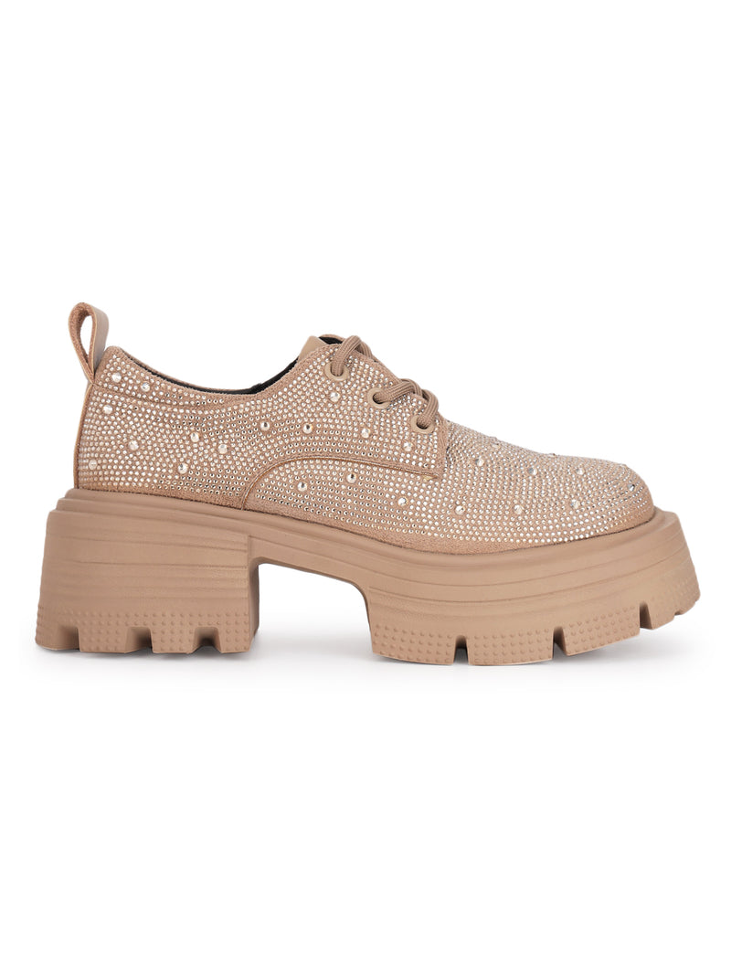 Khaki Diamante Embellished Lace-Up Sneakers (TC-RS3640-KHA)