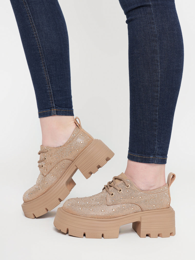 Khaki Diamante Embellished Lace-Up Sneakers (TC-RS3640-KHA)