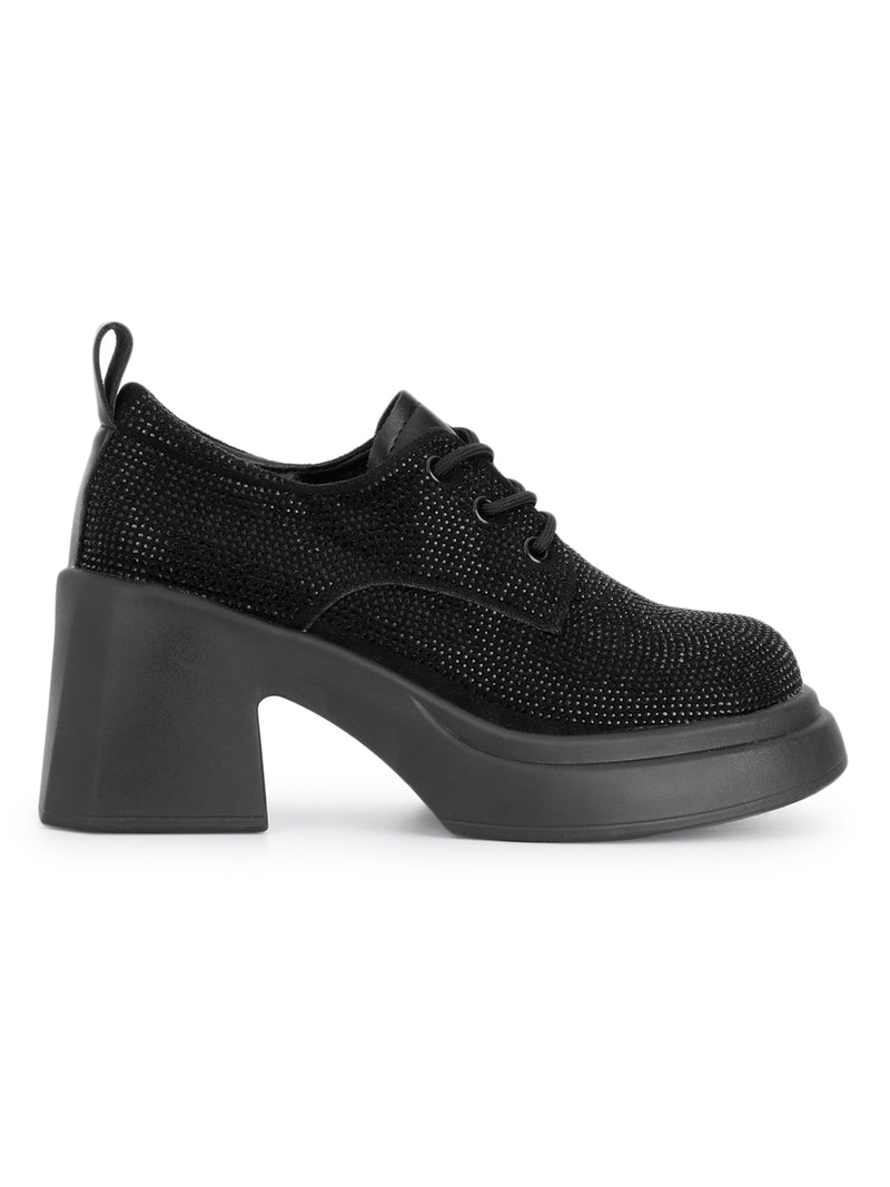 Black Diamante Embellished Lace-Up Sneakers (TC-RS3641-BLK)