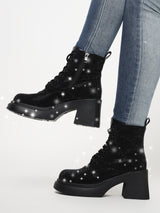 Black Diamante Embellished Lace-Up Ankle Boots (TC-RS3642-BLK)