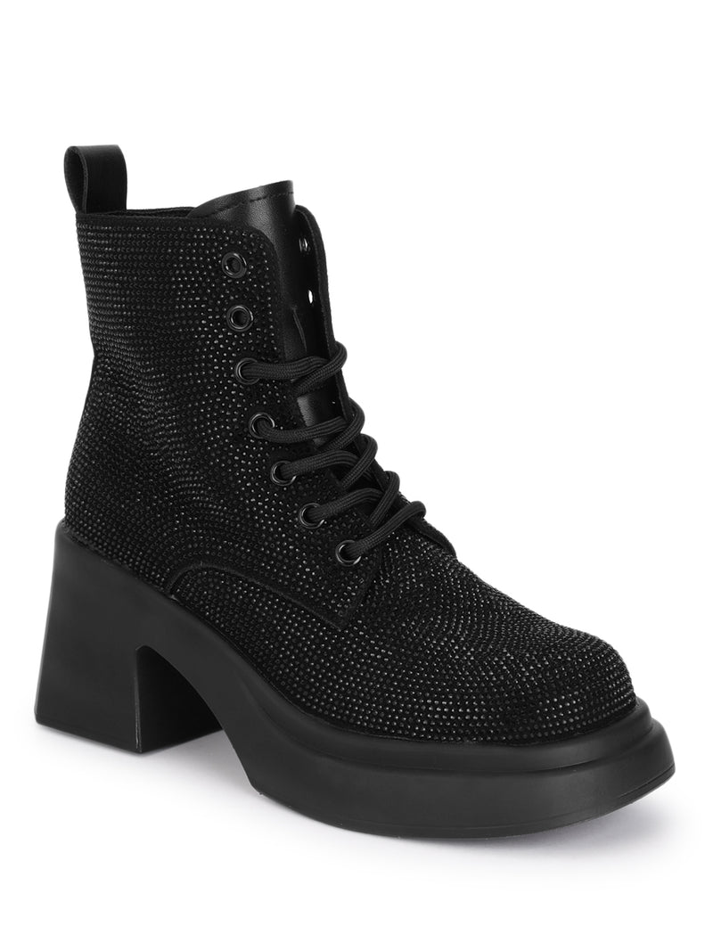 Black Diamante Embellished Lace-Up Ankle Boots (TC-RS3642-BLK)