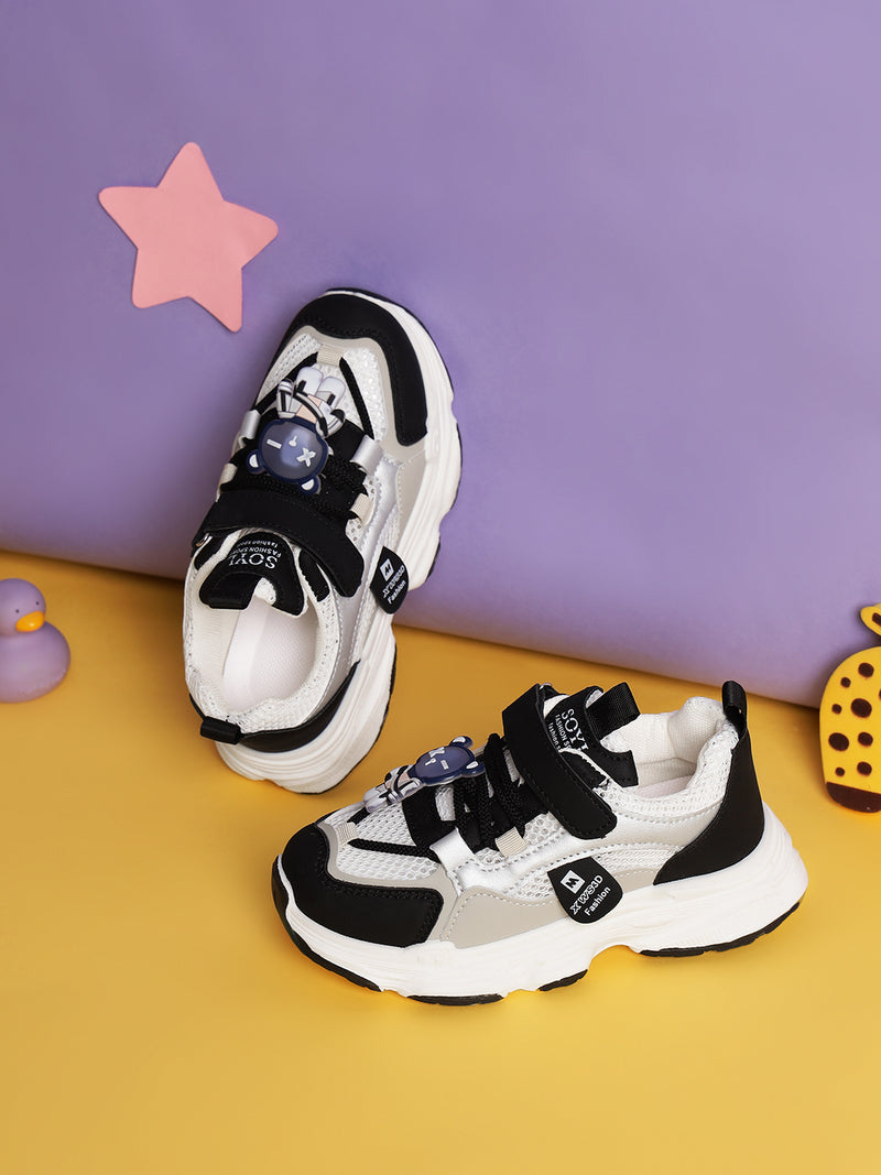 Black White PU Stylish Velcro Sneakers For Kids-Unisex (TC-RS3649-BLKWHT)