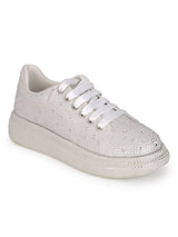 Beige Diamante Embellished Lace-Up Sneakers (TC-RS3653-BEIG)