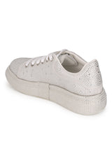 Beige Diamante Embellished Lace-Up Sneakers (TC-RS3653-BEIG)