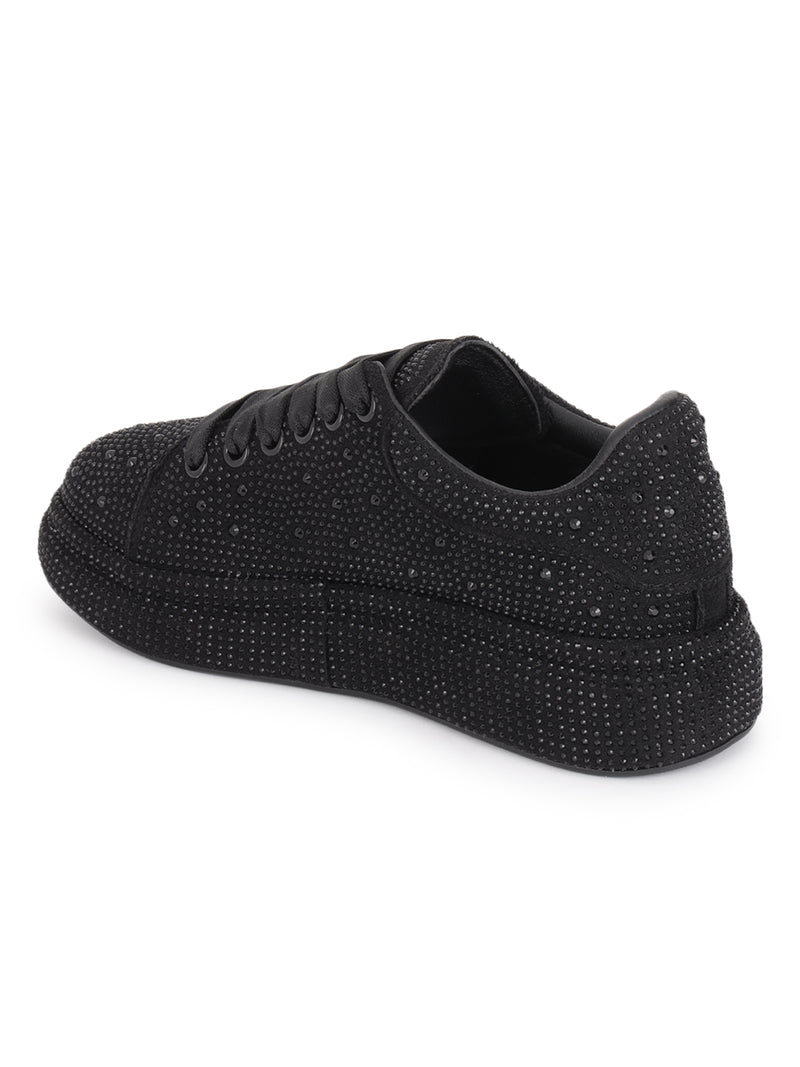 Black Diamante Embellished Lace-Up Sneakers (TC-RS3653-BLK)