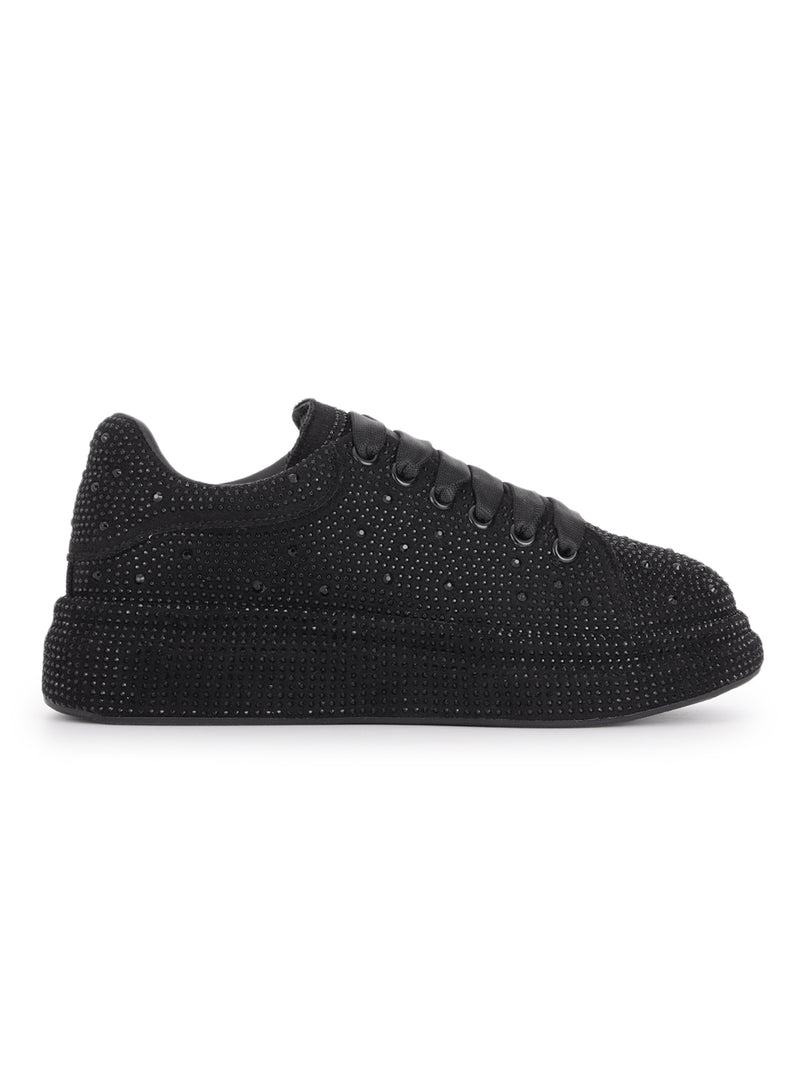 Black Diamante Embellished Lace-Up Sneakers (TC-RS3653-BLK)