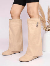 Beige Suede Padlock Detail Wedge Heel Knee High Long Boot (TC-RS3670-BEIGSUE)